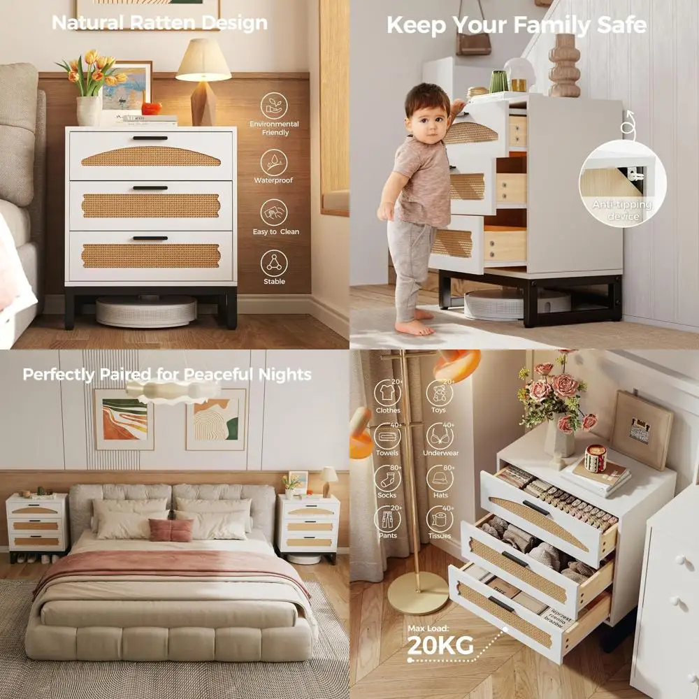 White Boho Style Nightstand Set with Metal Handles for Bedroom, Wood Drawers and Chests for Storage in Hallway and Entryway