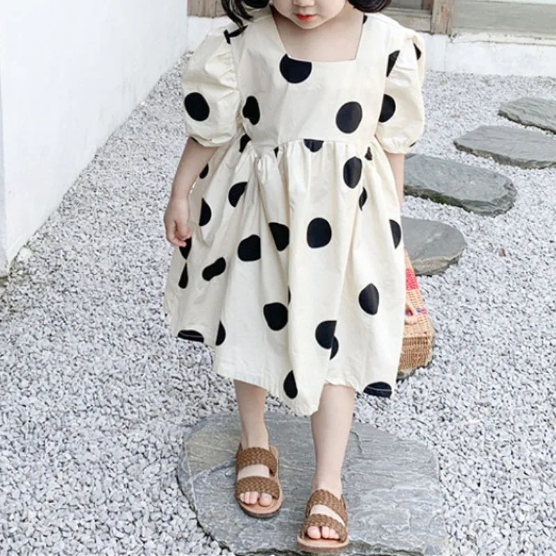 

2024 Summer New Girls Affordable Square Collar Printed Polka Dot Patchwork Pleated Korean Playful Loose Puff Sleeve Midi Dress