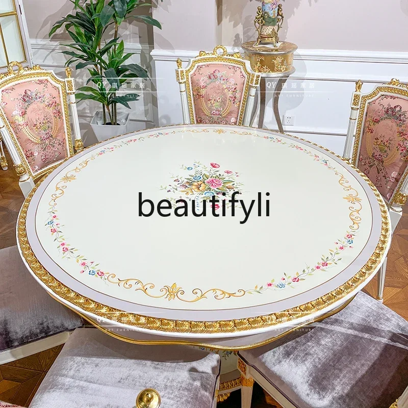 

Cy French Princess Style Hand-painted Round Dining Table And Chair Combination French Monet Purple Round Table 1.3 Meters