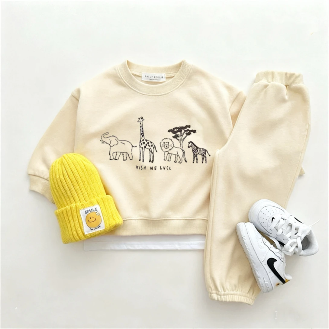 Red Orange Beige Suits Cartoon Sweatshirt+Pants 2Piece Set Cute Hoodie Solid Color Versatile Pants Kids Spring Autumn Costume