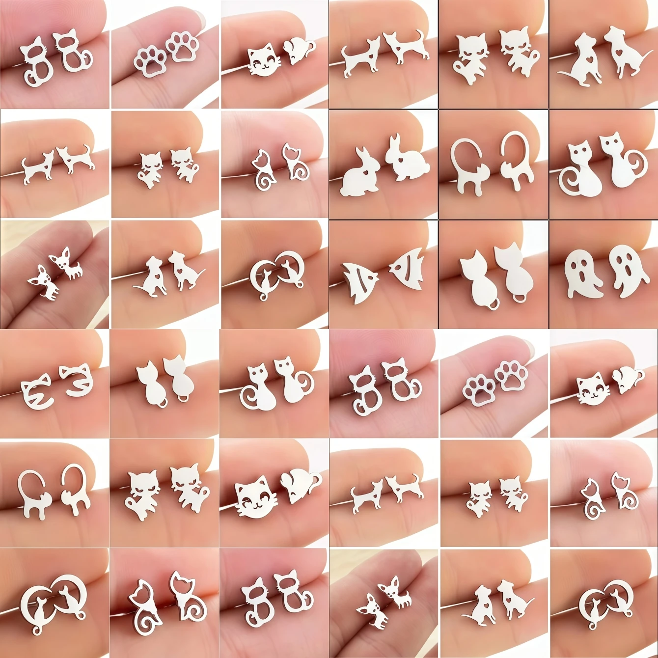 10/20/30/50/100Pairs Fashion Stainless Steel Stud Earrings For Women Mix Style Simple Cat Dog Fish Animal Ear Jewelry Party Gift