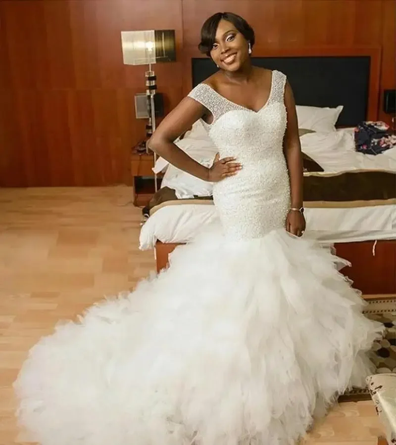 Customized Nigeria African Mermaid Wedding Dresses V Neck Heavy Beading Tiered Ruffles Brdal Gowns Sweep Train Vestidos De Novi