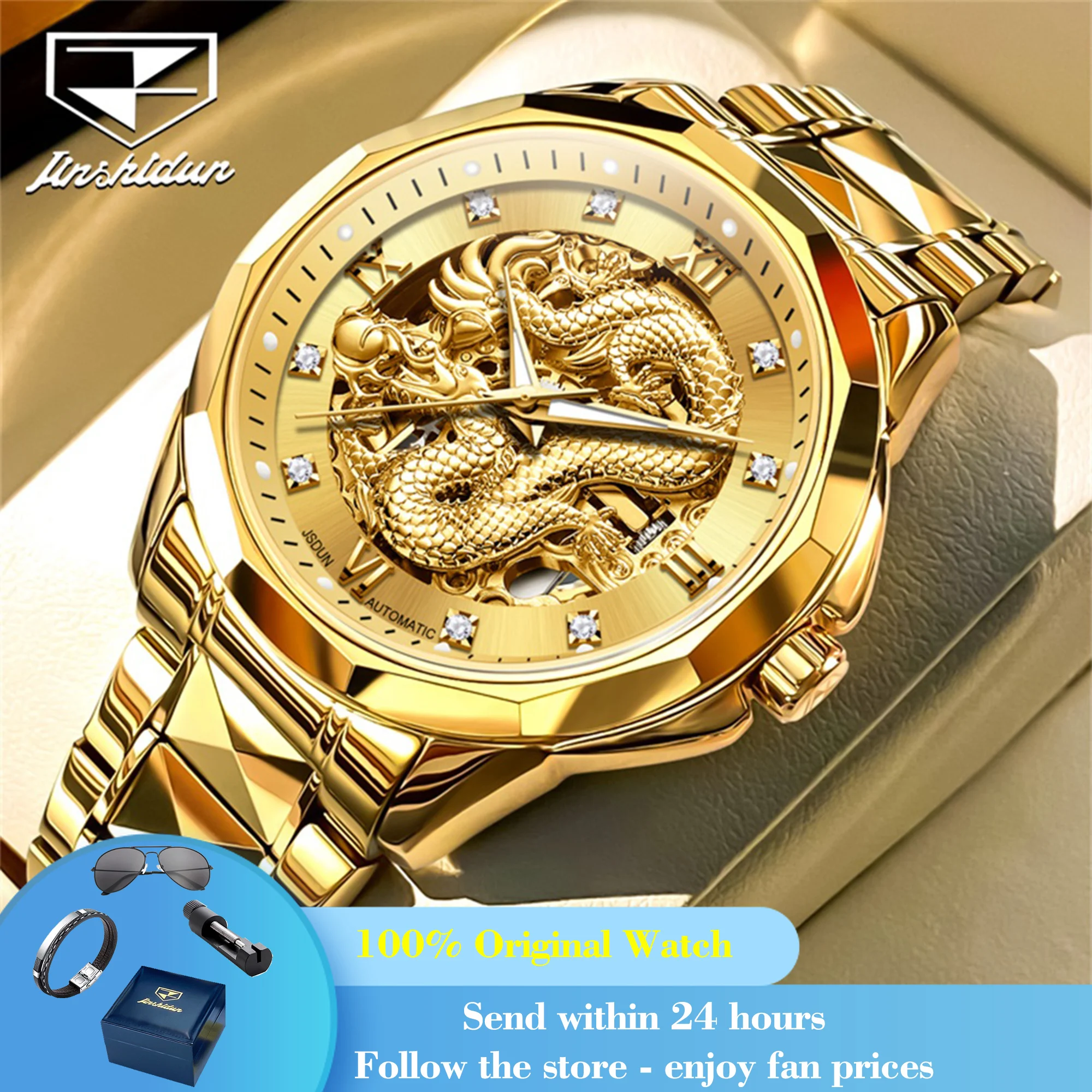 

JSDUN 8840 Watch For Men Hollow Dragon Luxury Mechanical Men Watch Top Brand Diamond Scale Luminous Waterproof Dress Wristwatch