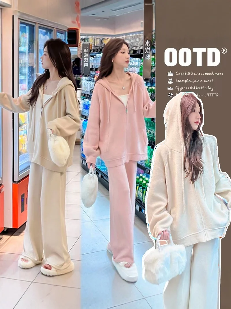 

Maternity Casual Set Spring Autumn Fashion Open Cardigan Hoodie Lazy Style Loose Belly Support Wide Leg Pants Two Piece Set