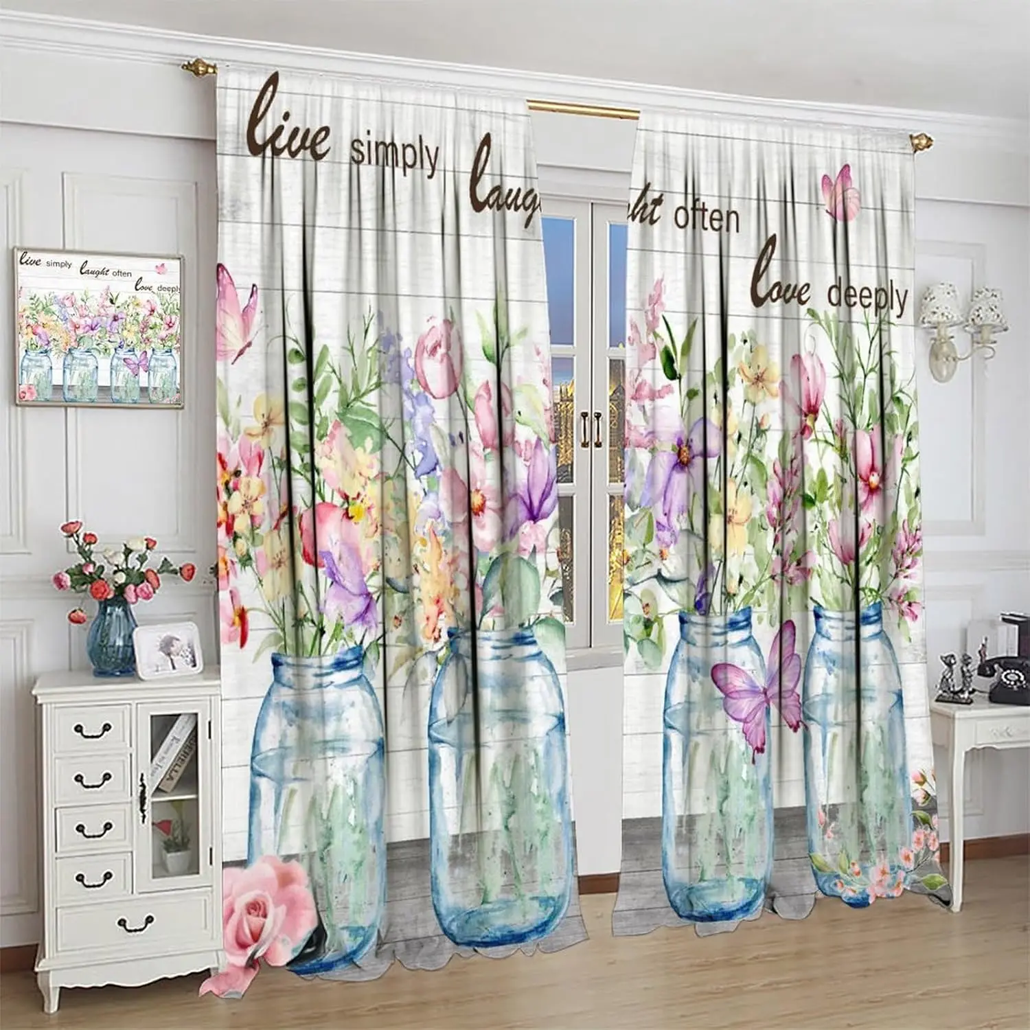 Farmhouse Floral Curtains Watercolor Flower Vase Spring Colorful Plant Butterfly for Girls Women Bedroom Kitchen Blackout Rod