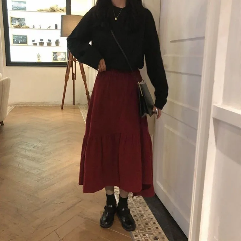 Lucyever Vintage Wine Red Corduroy Skirt Women Autumn Winter Irregular Midi Skirts Female High Waist Long A-line Pleated Skirt