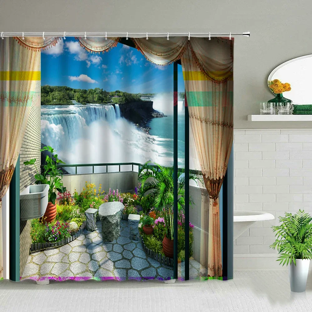 Spring Scenery Winter Landscape Bath Curtains 3d Printing Window Forest Waterfall Shower Curtain Waterproof Cloth Bathroom Decor