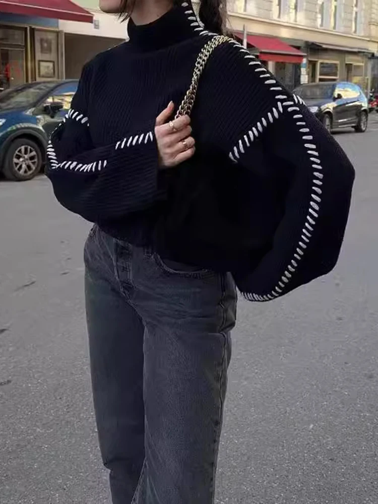 

Women's Long Sleeve Sweater High Neck Stripes Embroidery Fashion Comfortable Autumn Winter Daily Wear Style