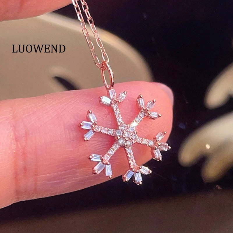 LUOWEND 100% 18K White/Yellow/Rose Gold Necklace Elegant Snowflake Shape Real Natural Diamond Necklace for Women Birthday Gift