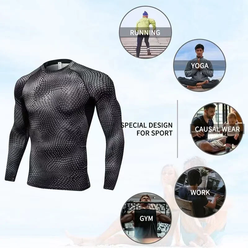 Men's Gym Running T-Shirts Long Sleeve Sports Top Sun Protection Shirts Quick Dry Breathable Compression Second Skin Fitness