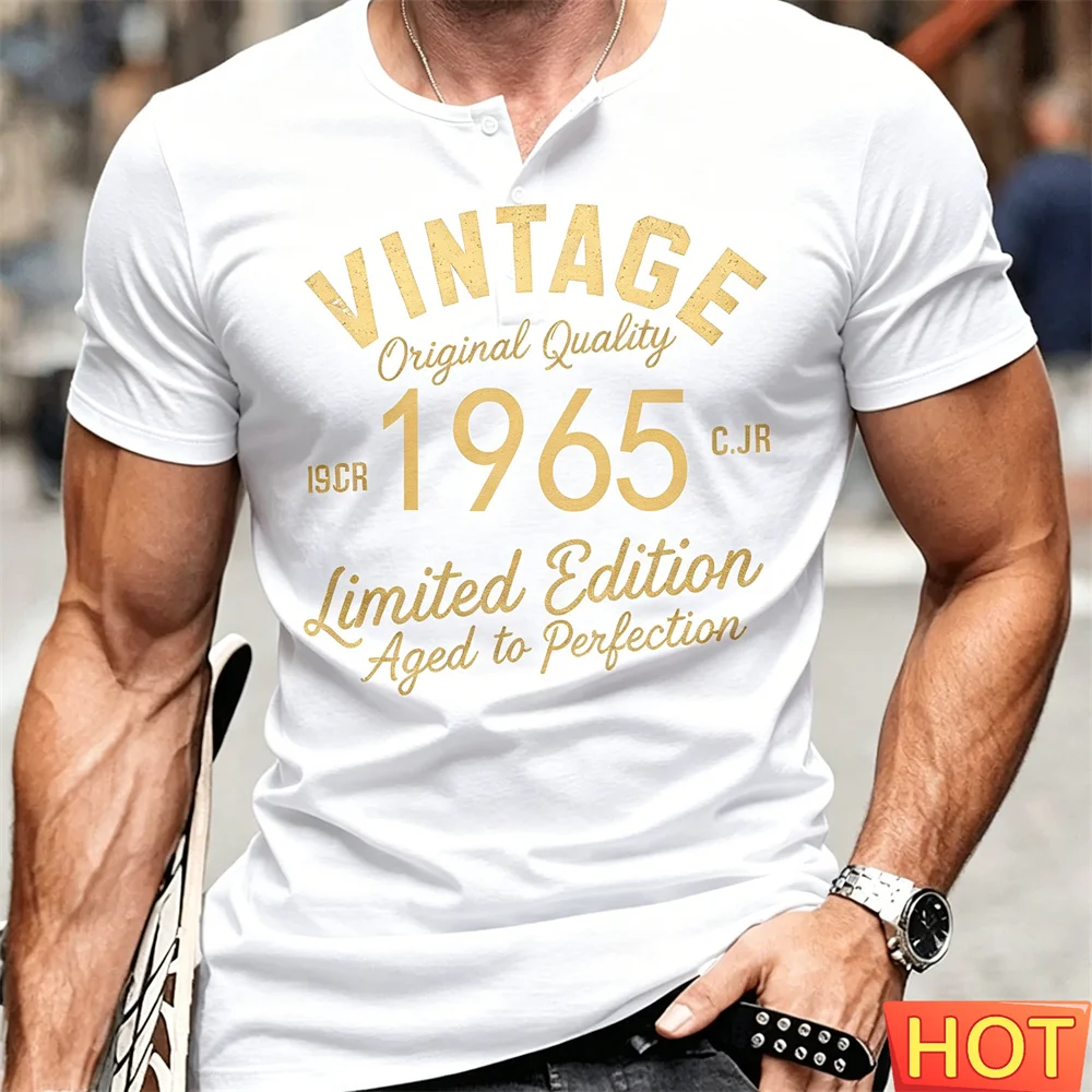 Retro Letter Men's Henry T-shirt Pattern Men's button up T-shirt Short Sleeve Tops Mens O-neck Sports Henry shirt Men's clothing