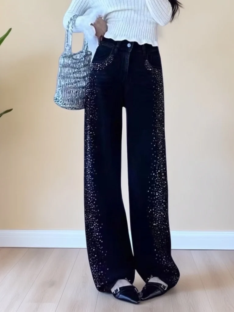 

Spring High Waist Wide Leg Jeans Women's Faionable Slimming Diamond Embellied Straight Cut Denim Pants Casual Sle