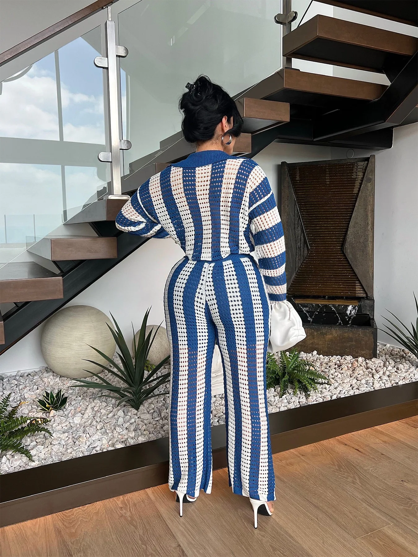 بدلة محبوكة من قطعتين للنساء ، أكمام طويلة ، توب برقبة على شكل حرف V ، سروال بساق واسعة ، ملابس مريحة للسيدات ، جديدة الخريف