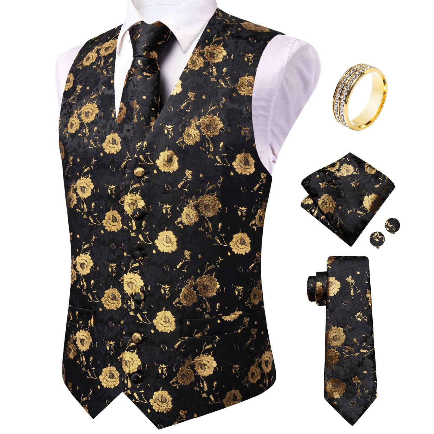 Black Gold Floral 5-Piece Waistcoat Set for Men, Vest Necktie Handkerchief Cufflinks Ring, Formal Wear Wedding