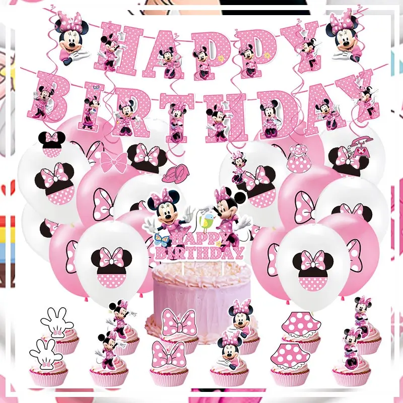 Disney-Decoración de fiesta de cumpleaños de Minnie Mouse para niñas, vajilla temática de dibujos animados, globos, vasos y platos, suministros para