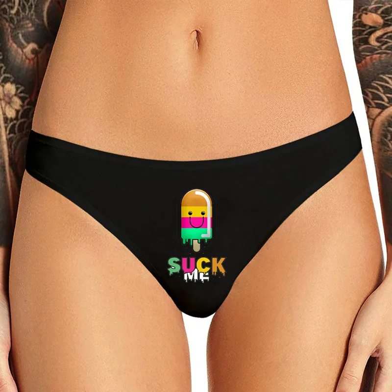 Suck Me Rainbow Icecream Print Fashion Women Sexy Seamless Thong Underwear Funny Panties for Women Sexy Low Waist