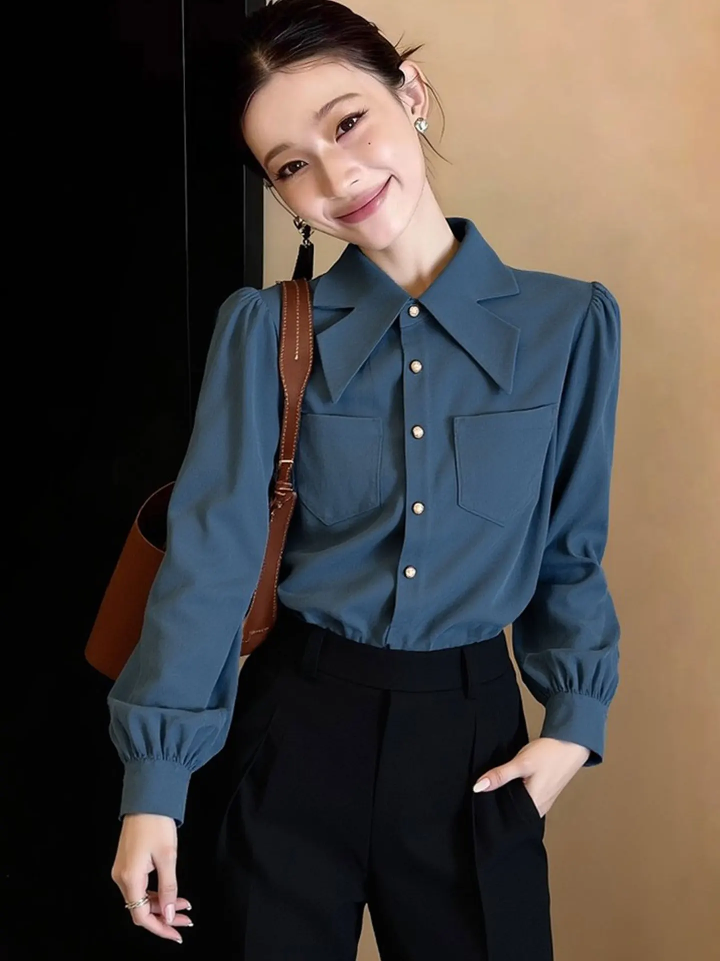 

Элегантный однотонный шелковый топ с длинным рукавом для молодых женщин: повседневный, универсальный, модный, премиум-класса, весенняя коллекция