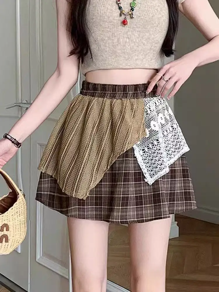 불규칙한 보헤미안 짧은 치마 레이스 접합 격자 무늬 스커트 복고풍 하이 웨이스트 디자인 짧은 치마 휴가 스타일