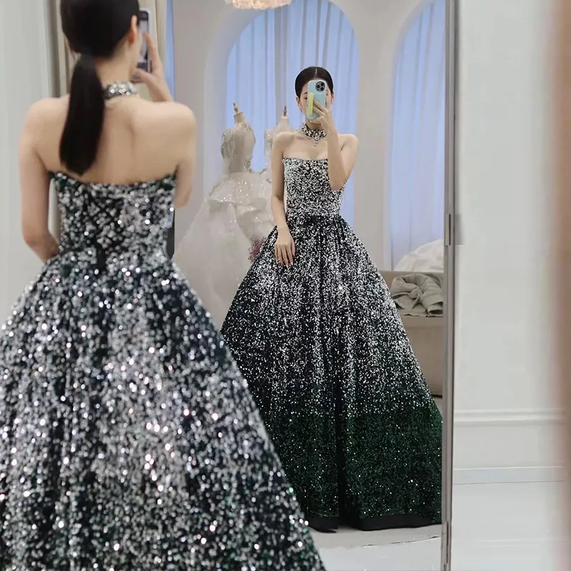 Vestido de noche elegante con tirantes para presentador de reunión anual, nuevo examen de arte Vocal, temperamento, vestido brillante de celebridad, nicho sin tirantes, 2026