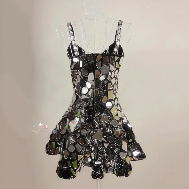 Robe Miroir Argentée Sexy Faite à la Main pour Femme, Costume de Scène, Tenue de Festival, Discothèque, Bar, Chanteur, Dj Ds, Vêtements de Performance, ChrV13136