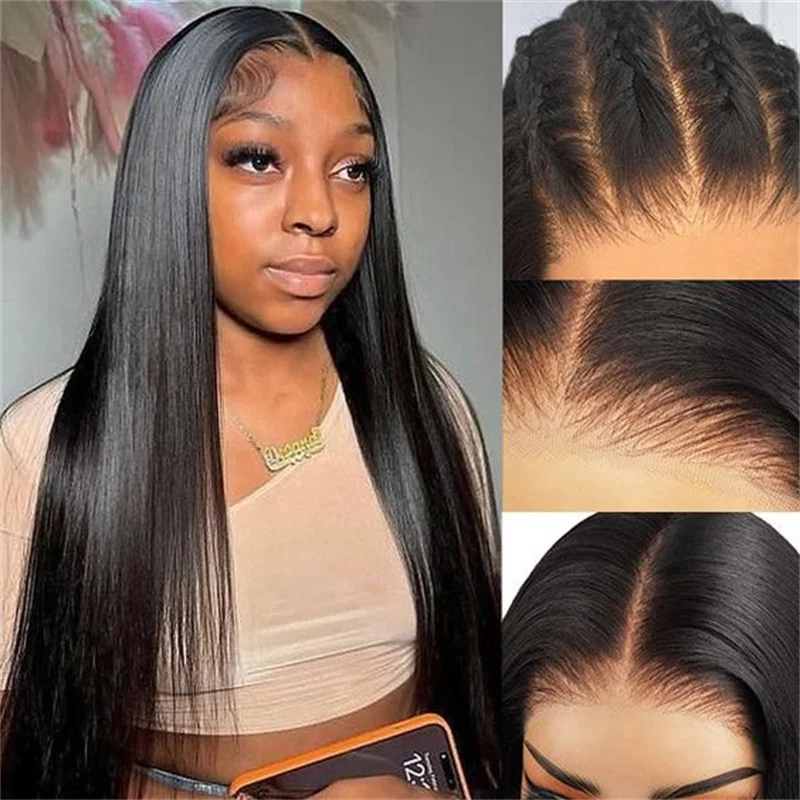 

180%Density 32inch HD Lace Gluelesss Natural Black Silky Straight 13*6 Human Hair Wig For Women With BabyHair Preplucked