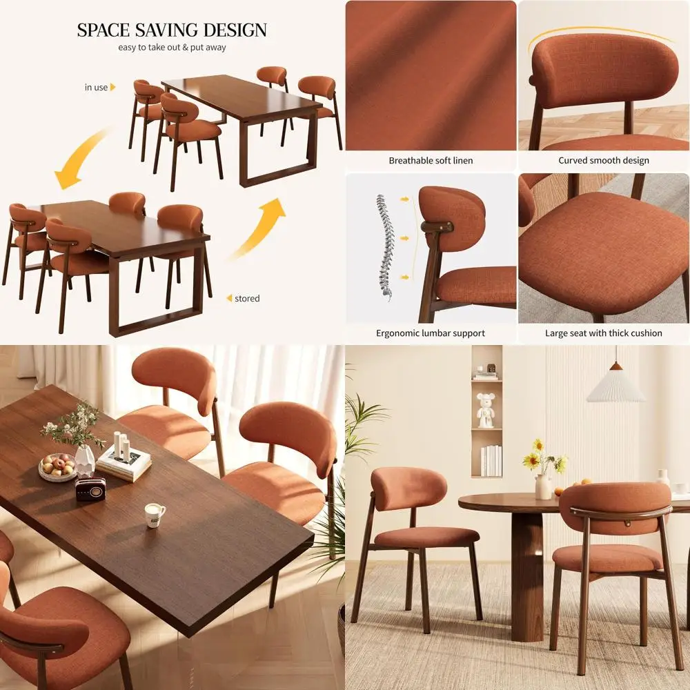 

Kitchen Dining Chairs Set o 4 ern Sot Linen armhouse Dining Room Chair with Metal Legs, Orange/Walnut