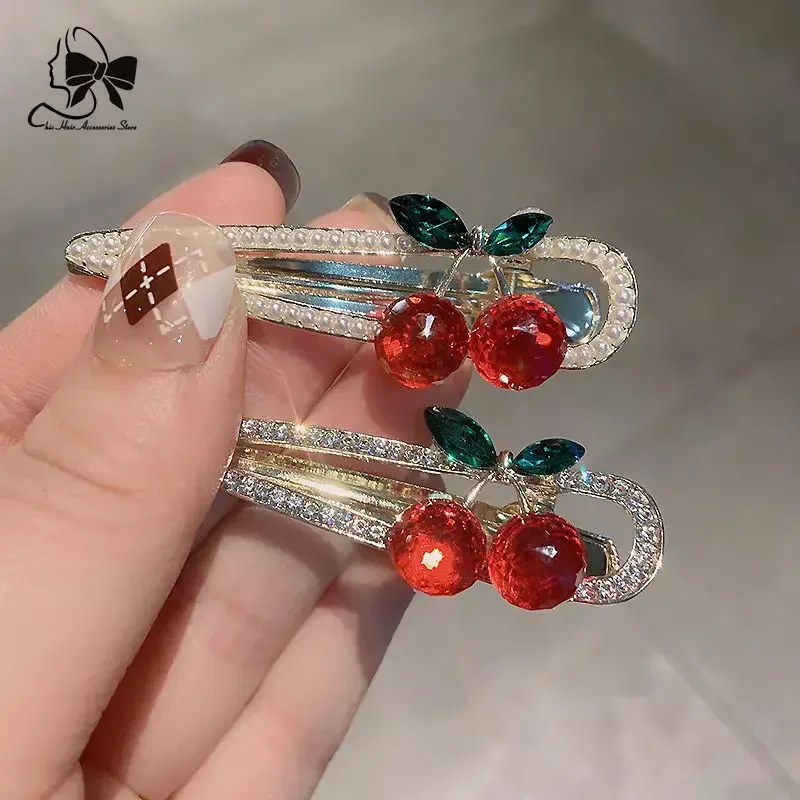 Women Lovely Cherry Rhinestone Hair Clips Fashion Girl\'s Cute BB Clips Beads Hairpins Accessories