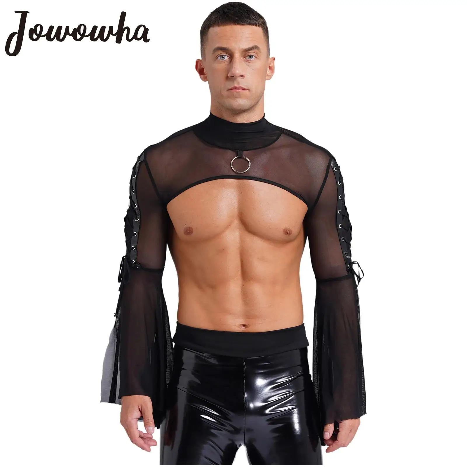 Mens Gothic Punk Flare Sleeve Crop Top See-through Mesh Shrug Mock Neck O-Ring Lace-up Tops Rave Theme Party Cosplay Clubwear