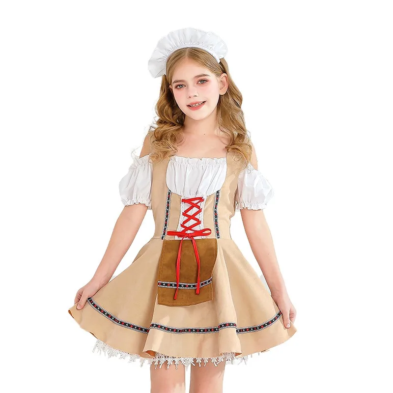 Carnival Cosplay Costume Maid Short Sleeved Strap Dress with Headwear Suits Festival Theme Party Role Playing Outfits for Girls