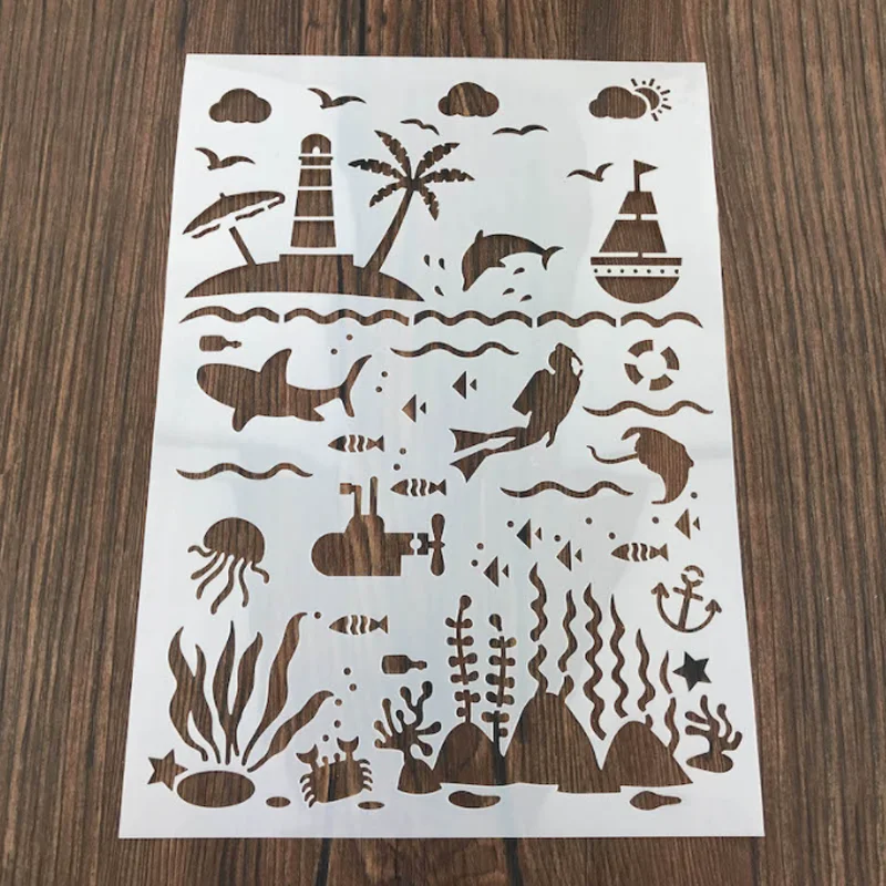 29.7*21cm Ocean World Stencils DIY Layering Wall Scrapbook Journal Stamp Coloring Embossing Album Decoration Painting Template