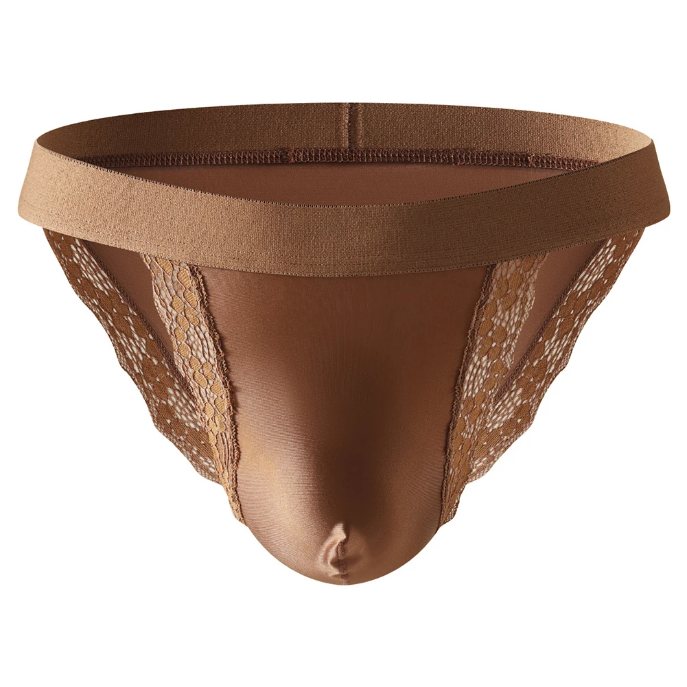 1pc Men Glossy Lace Shiny Erotic Brief Low-Waist Hip Wrap High Fork Underwear Solid Satin-like Breathable Pantie