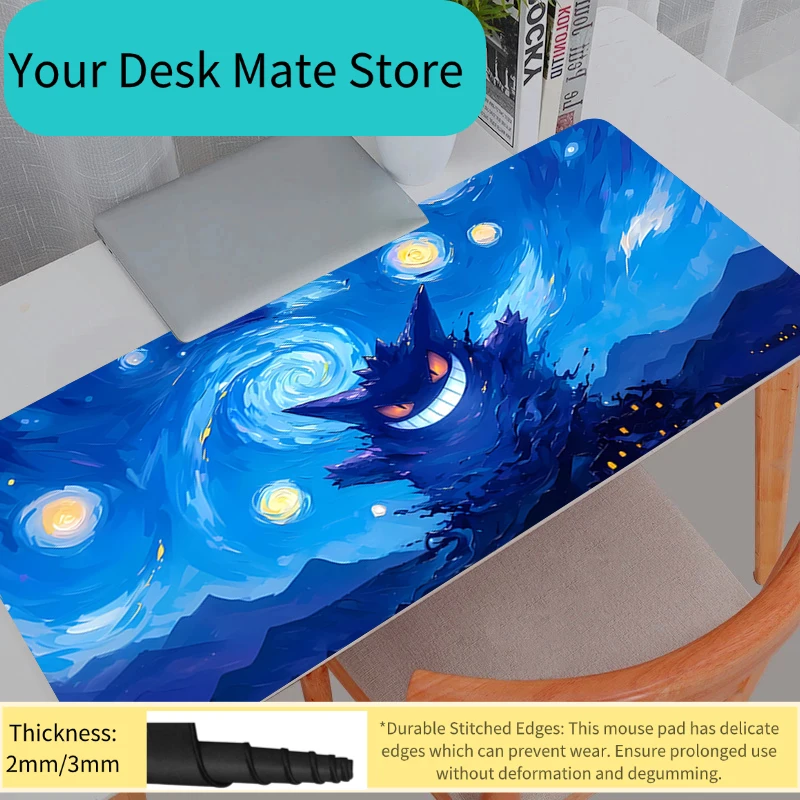 Pokemon Gengar Van Gogh Starry Night Style Large Mouse Pad Beautiful AntiSlip Waterproof Desk Mat Suitable For Office Daily Use