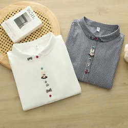 2026 Women's Decorative Button Cotton Yarn Shirt, Japanese Style Loose 3/4 Sleeve Blouse Middle Aged Women Clothes