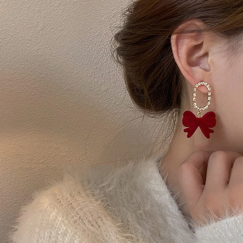 Vintage Red New Christmas Flocking Earrings for Women Bow-knot C-Shape Pearl Rhinestone Drop Earring Jewelry Party Gift 2025