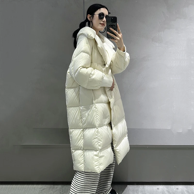 Winter 90 White Duck Down Knee Length Long Jacket Warm Thick Snowwear Down Jackets Women Long Sleeves Oversized Cotton Jacket