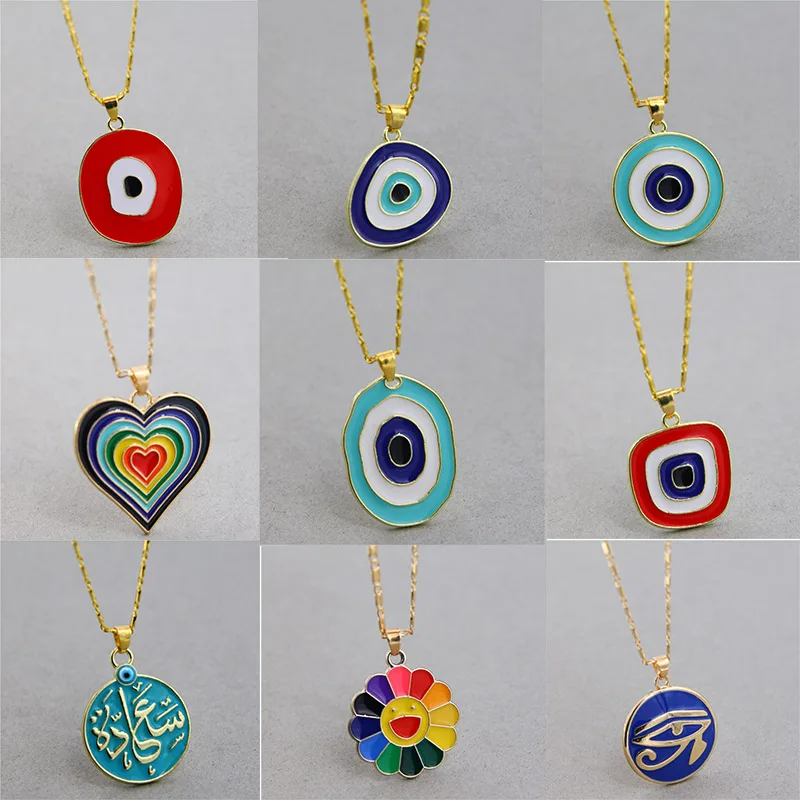 Color Heart Rainbow Enamel Evil Eyes Pendant Necklace For Womens Jewelry Big Turkish Eye Chains Choker Necklaces Clavicel Chains