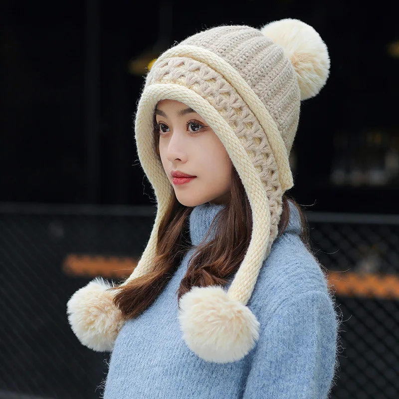 Women Winter Peruvian Cover Ears Beanie Hat Ear Flaps Sherpa Ski Snow Hats Knit Fleece Lined 3 Pom Pom