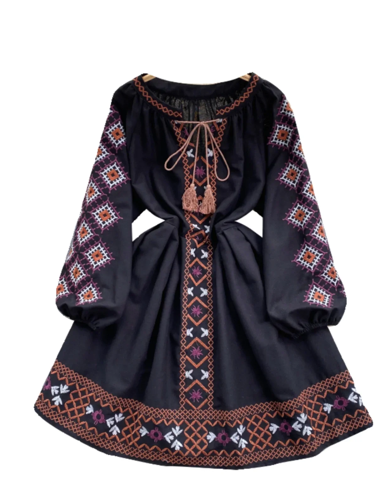 Women\'s Spring Dress Bohemian Retro Ethnic Style Diamond Cotton Linen Blend Embroidered Lantern Sleeves Mini Dress DS003