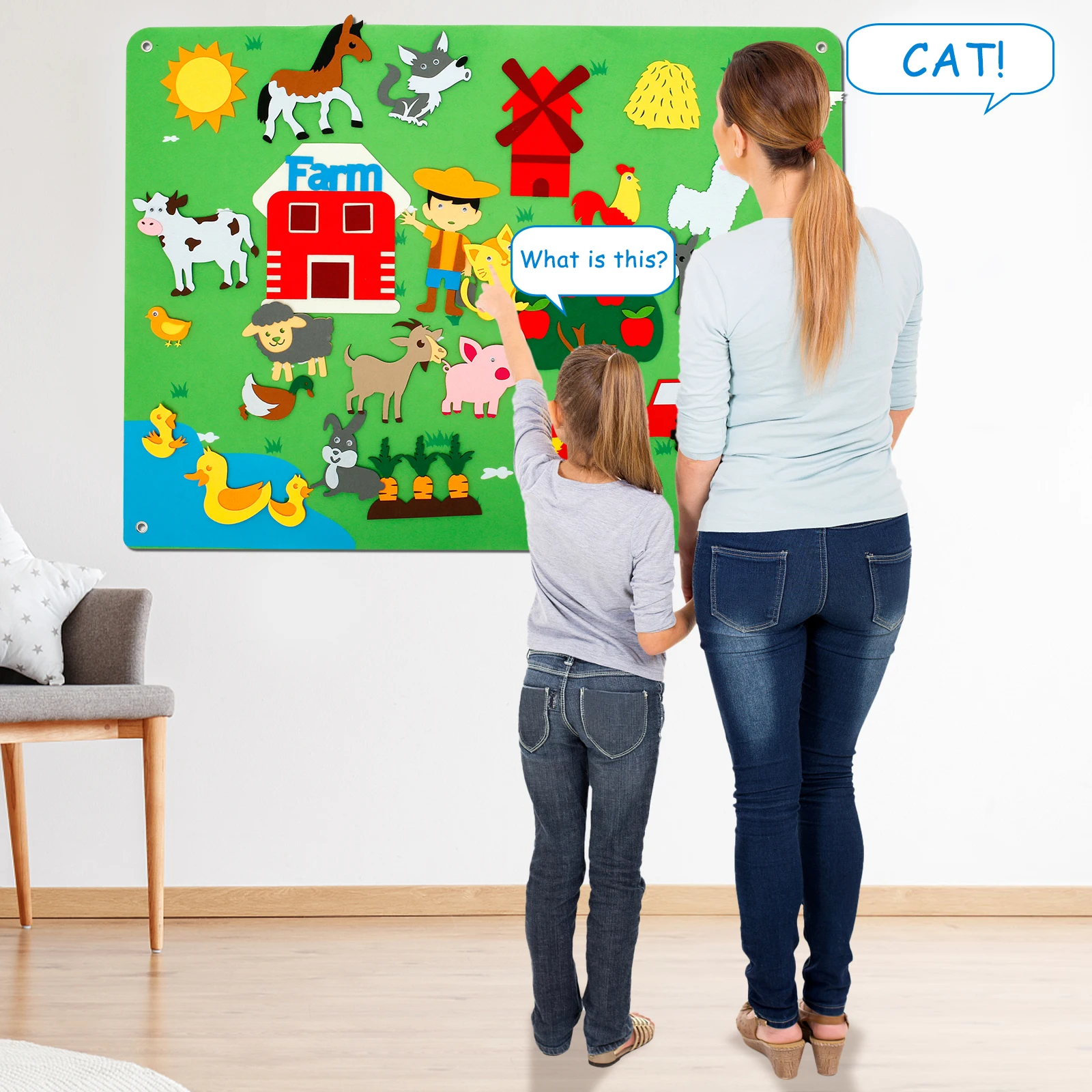 3,5ft Kinderen Leren Vilten Bord Boerderijdieren Vilt-Board-Verhaal Set Vroeg Leren Interactieve Speelset Dierentuin Flanellen Bord