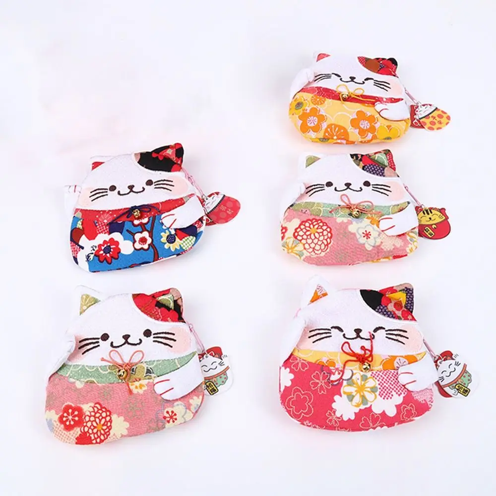 Retro Japanese Style Maneki Neko Coin Purse Zipper Wallets Lucky Cat Clutch Bag Flower Printing Storage Bag Card Holder Women