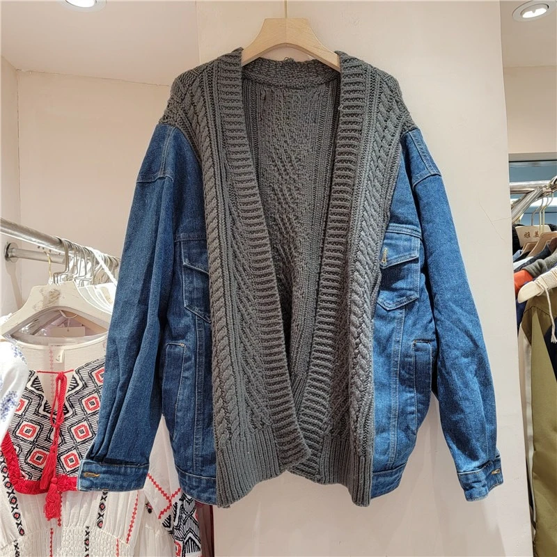 

2025 Spring and Autumn New Korean Style Loose Sweater Patchwork Denim Jacket for Women, Long Sleeve Short Knitted Cardigan Coat