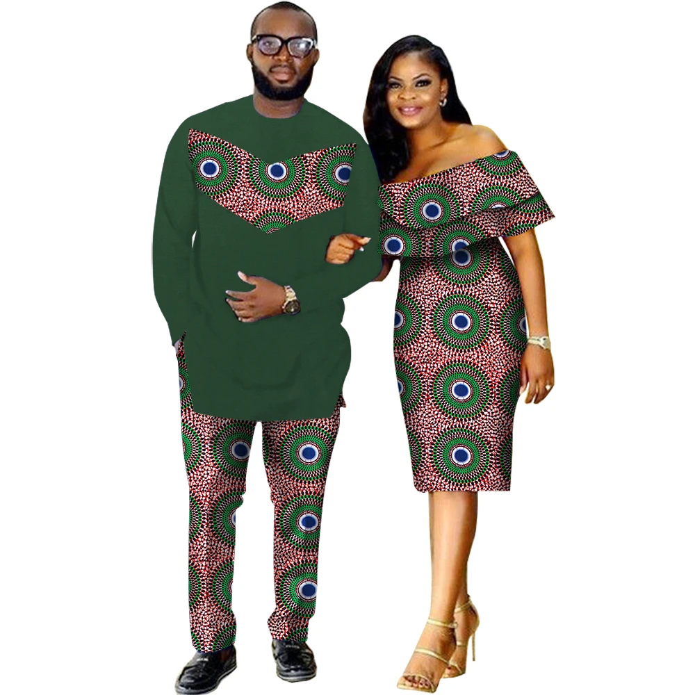 2 Piece Set  African Dashiki Print Couple Clothing for Lovers Men Top Pant Set and Women Ruffle Sleeve Bodycon Dress WYQ62