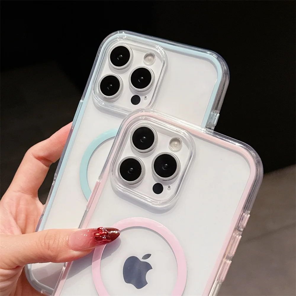 Luksusowe przezroczyste etui z miękkim kolorowym bumperem do iPhone'a 16 15 14 Plus 13 12 Pro Max 11 Odporne na wstrząsy magnetyczne etui z bezprzewodowym ładowaniem