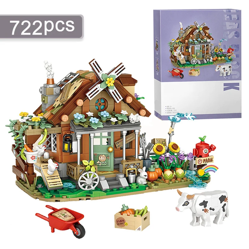 Country House Building Block Set DIY Farm Windmill Animal Model Small Particle Assembled Bricks Children\'s Toys Holiday Gifts