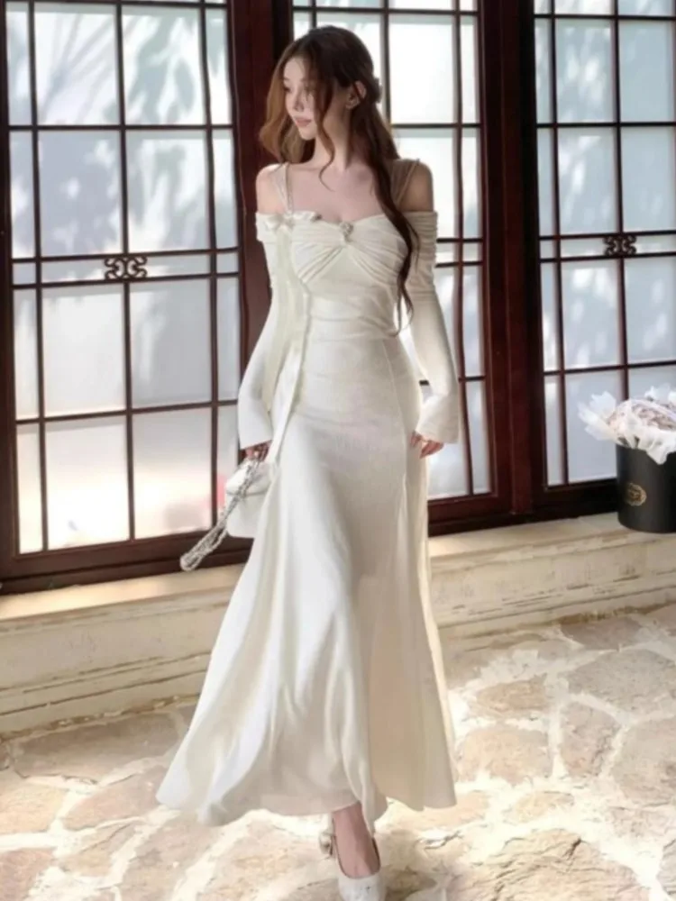 Elegant Wedding Spagetti Straps Dress for Women Long Sleeve Off Shoulder Party Prom Robe Female Autumn Slash Neck Vestidos New