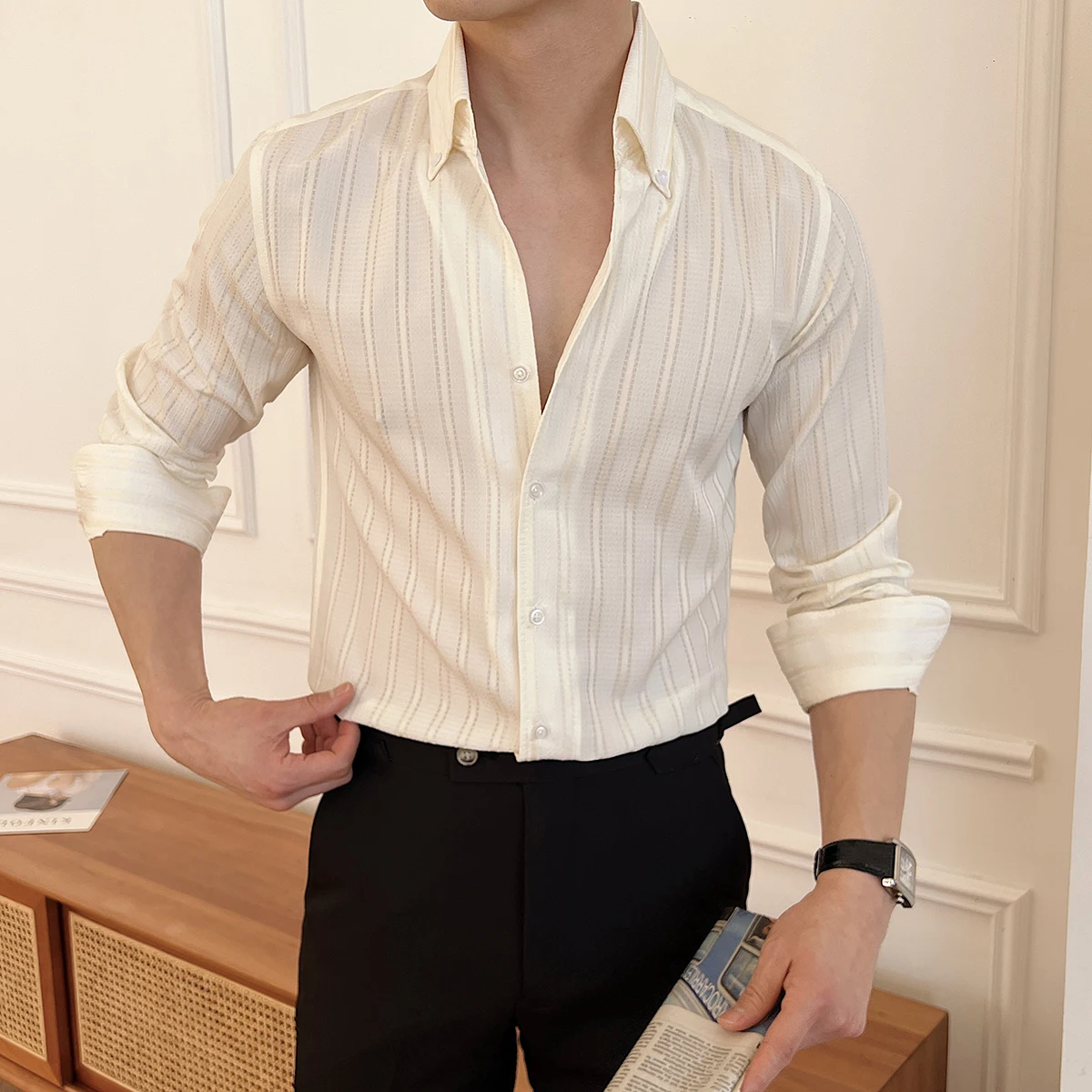 

British Style Striped Shirt for Men Handsome Long Sleeve Casual Business Formal Dress Shirts V-neck Social Office Uniform Top