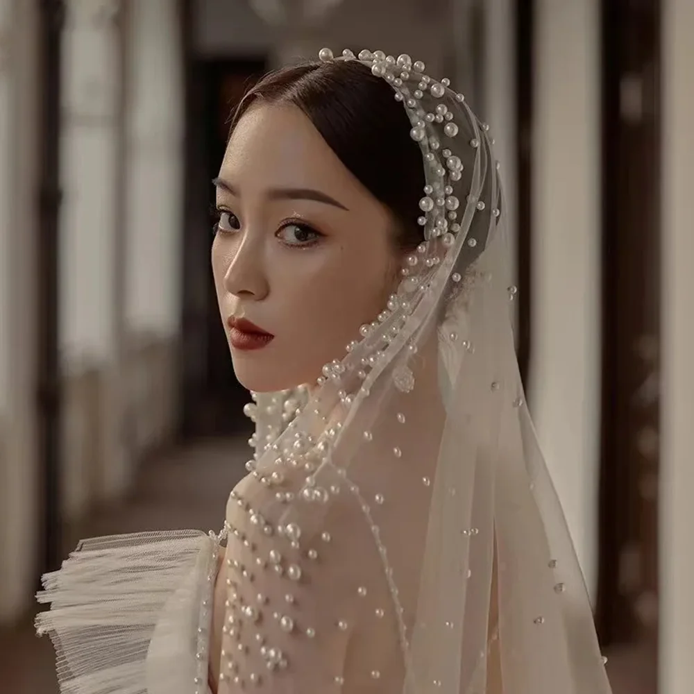 

MANRUIXIN 3M Long Romantic Trailing Cathedral Wedding Veil One-Layer Pearl Beading Headpiece Luxurious Tulle Crystal Bride Veil