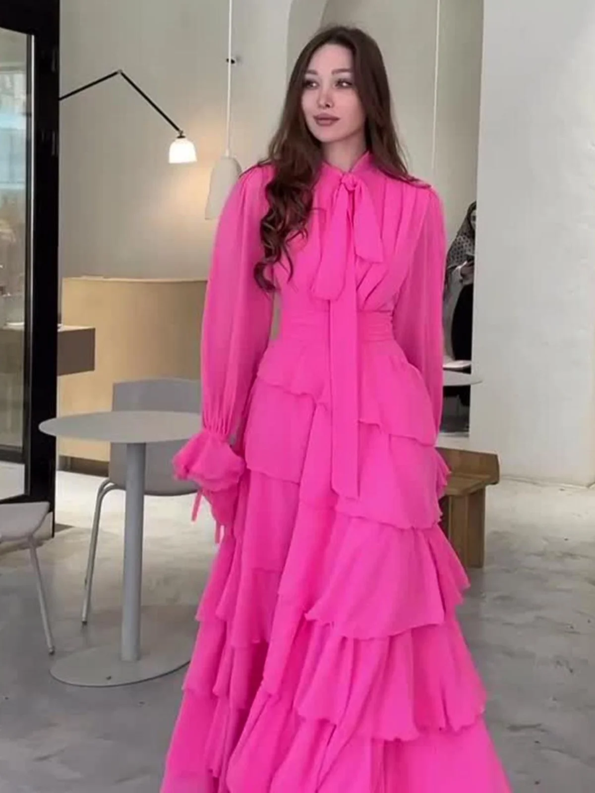 

Ruffle Dr Autumn Season f High Collar Splice Long Sve Midi Dr Women's Premium Faion Polyester Material
