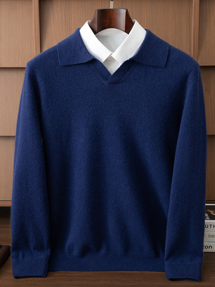 High Quality Men Wool Sweater Polo Collar Pullover Smart Casual Autumn Winter Simple 100% Pure Wool Knitted Soft Clothing Top