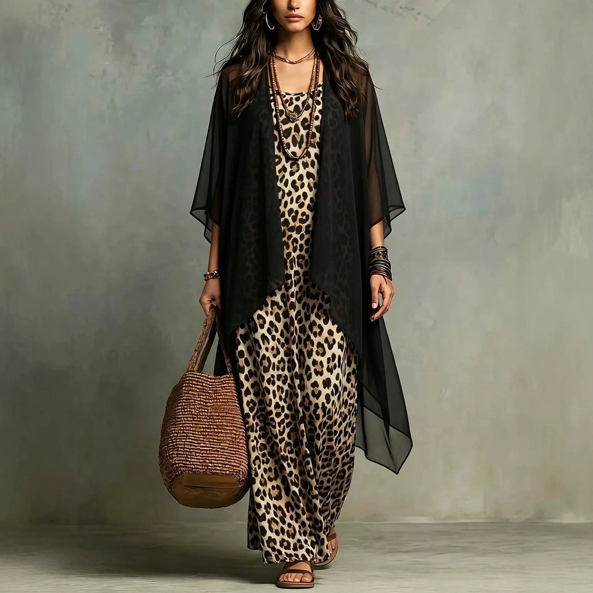 Chiffon Leopard Print Spaghetti Strap Dress and See-through Cover up Cardigan Top Two Piece Women Matching Set Beach Vacation